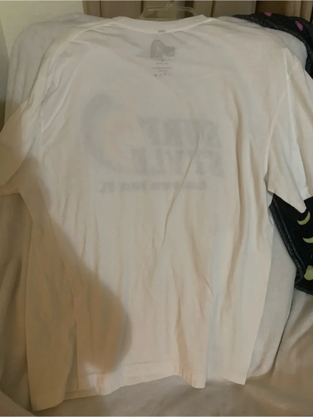 surf style White Tee with Blue Logo and Rainbow Wave